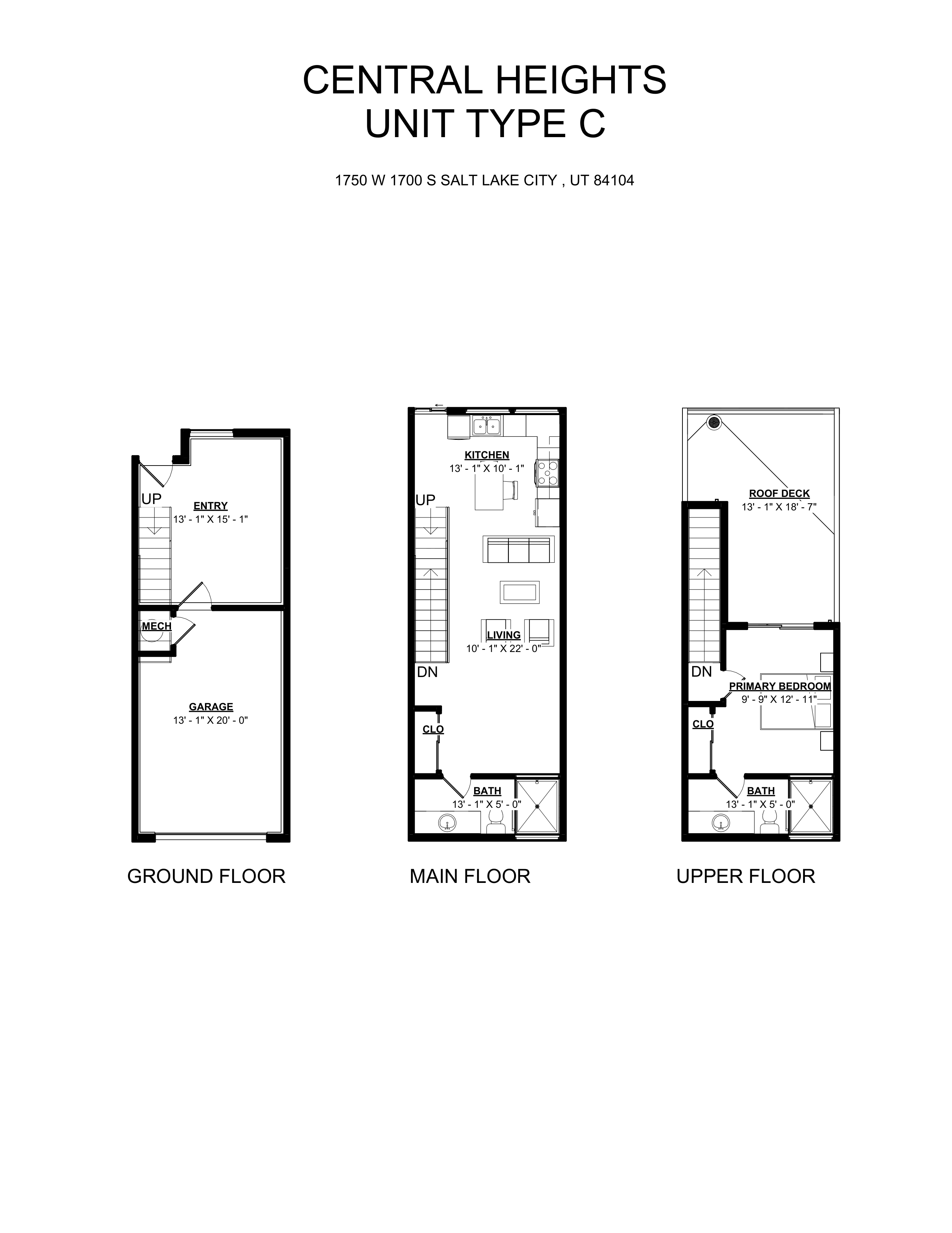 Central Heights | 1 Bed 2 Bath Townhome | 3D Floor Plan